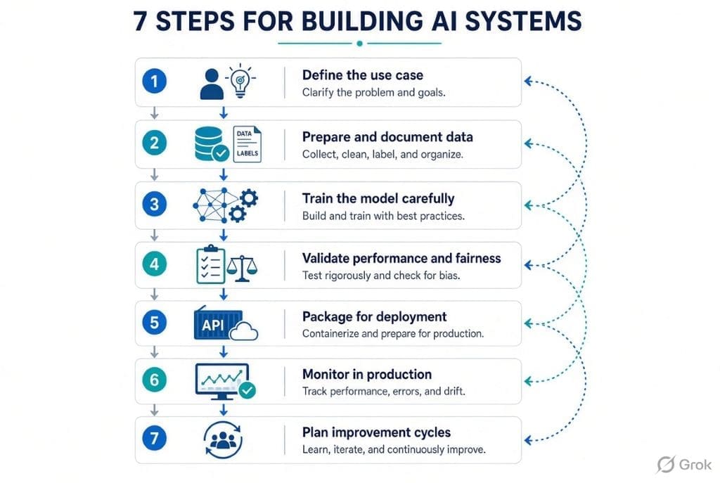Infographic titled 7 Steps for Building AI Systems showing a vertical flowchart with numbered steps: define the use case, prepare and document data, train the model carefully, validate performance and fairness, package for deployment, monitor in production, and plan improvement cycles, with icons and brief descriptions.