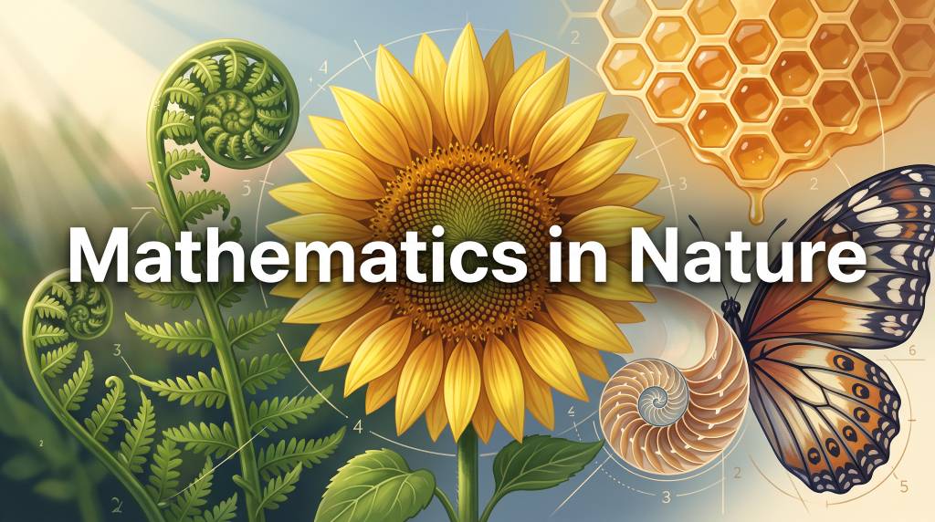 Feature illustration of mathematics in nature, showing sunflower spirals, fern fronds, honeycomb hexagons, a nautilus shell, and butterfly symmetry