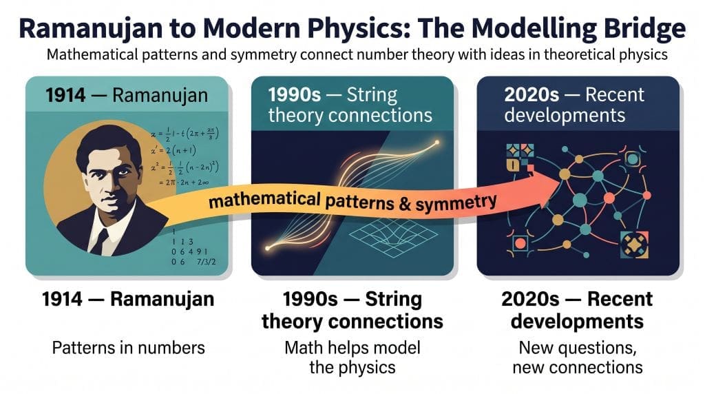 Timeline infographic showing Ramanujan in 1914, string theory connections in the 1990s, and recent quantum modular forms research in the 2020s, linked by mathematical patterns and symmetry