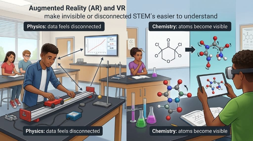 Infographic showing AR and VR helping students connect physics measurements with lab equipment and visualize invisible atoms, bonds, and chemical reactions.