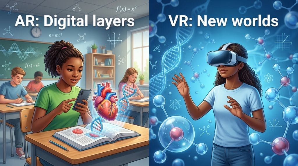Teen students use augmented and virtual reality to explore a beating heart and a giant water molecule in a STEM classroom.
