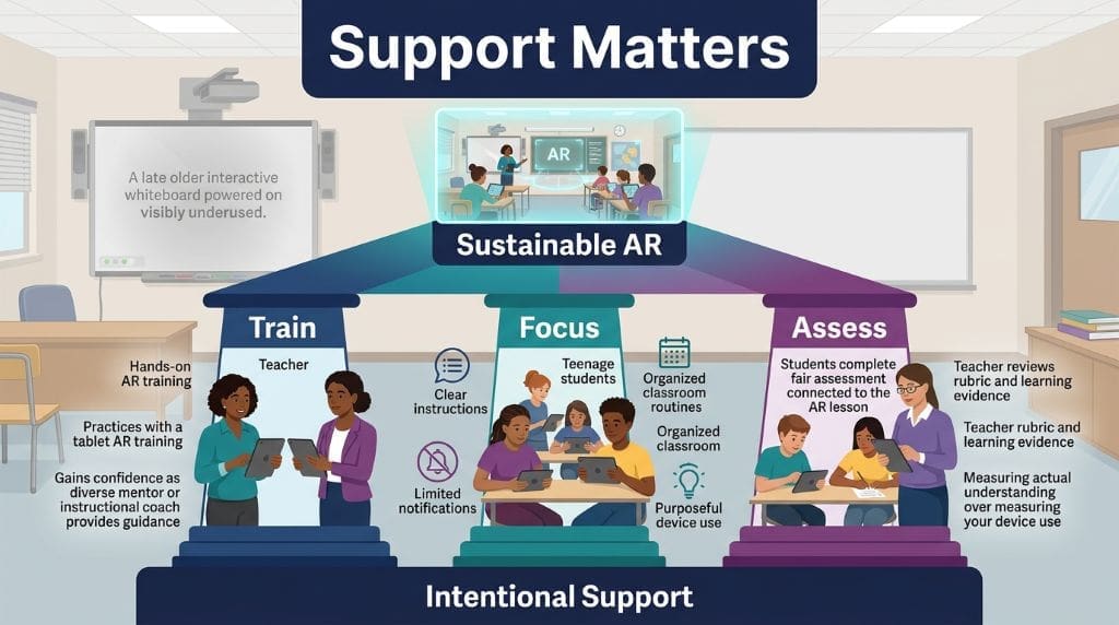 Infographic showing teacher training, focused student use, and valid assessments supporting sustainable AR STEM Classroom Applications.