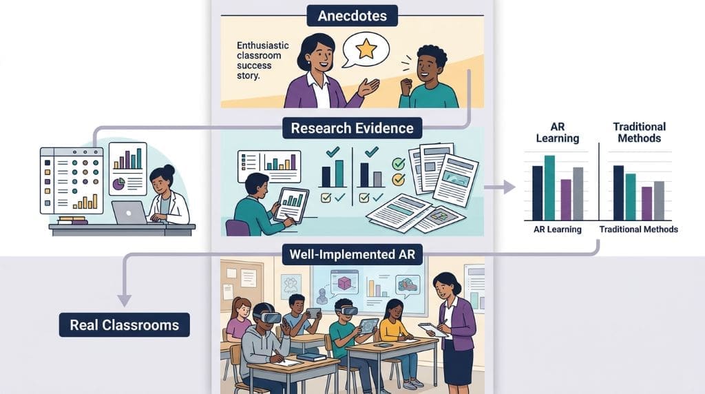 Infographic showing how repeated research compares well-implemented AR STEM Classroom Applications with traditional teaching methods.
