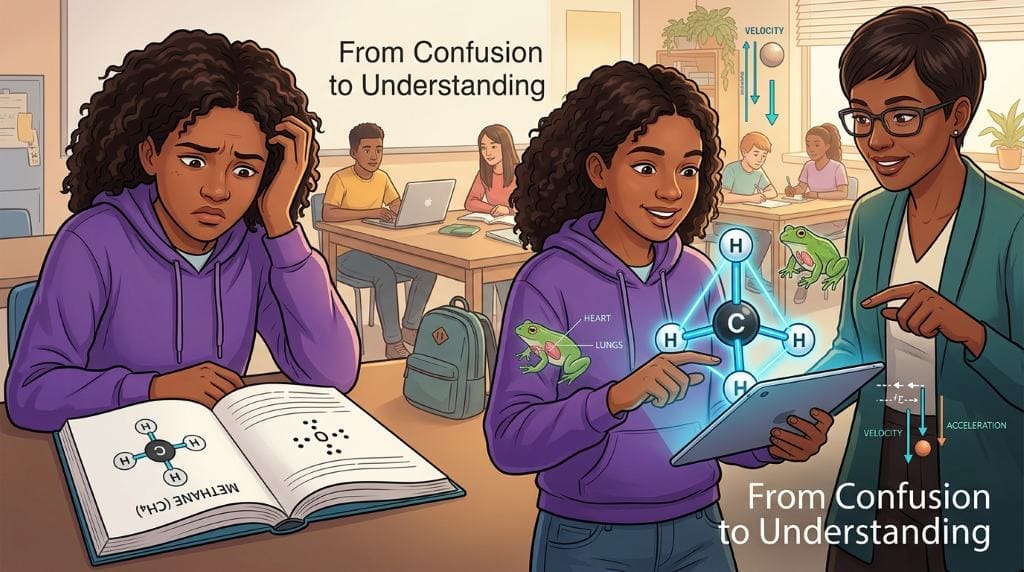 Teen student uses a tablet-based augmented reality model to understand the 3D geometry of a methane molecule in a classroom.
