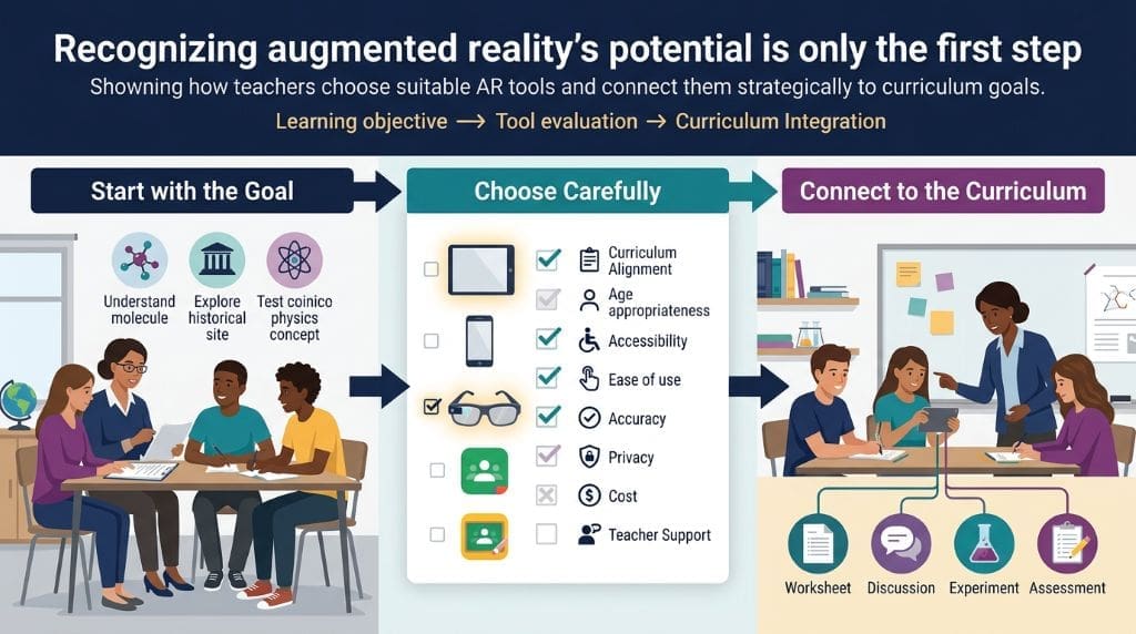 Infographic showing teachers evaluating augmented reality tools and aligning AR STEM Classroom Applications with classroom learning objectives.