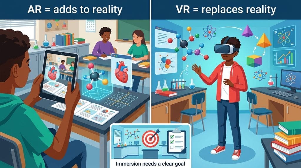 Infographic comparing augmented reality, which adds digital content to a classroom, with virtual reality, which replaces the real scene with a digital learning environment.