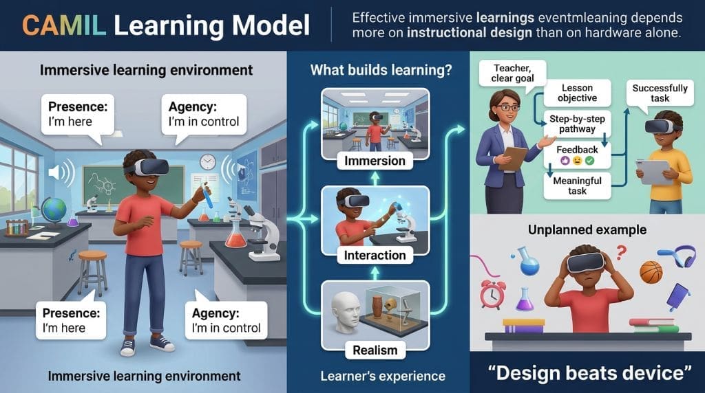 Infographic explaining the CAMIL model, showing how presence, agency, immersion, and instructional design improve learning with AR and VR.