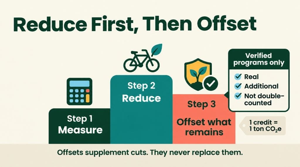 Diagram showing the carbon offset order: measure, reduce first, then offset remaining emissions through verified programs.