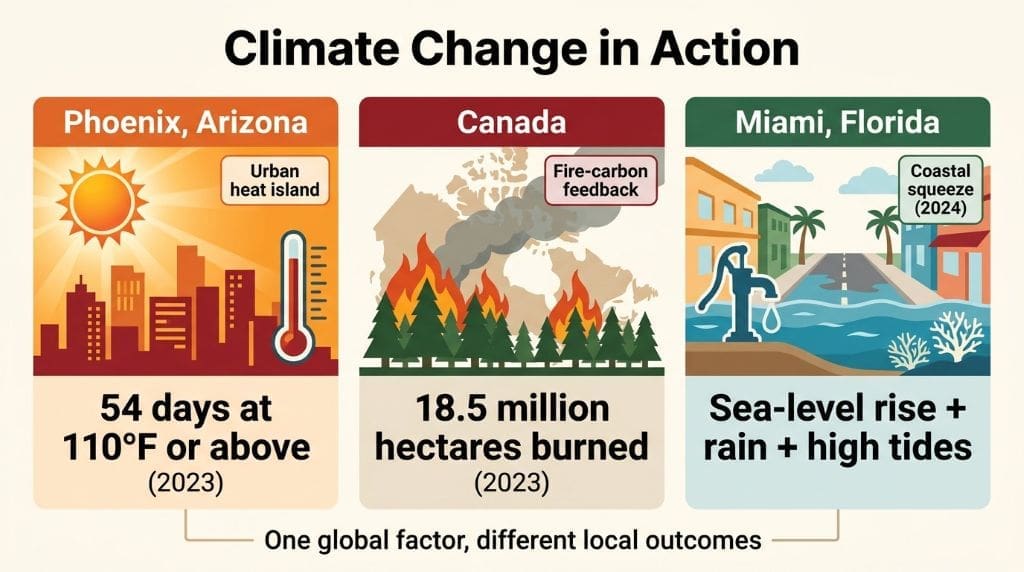 Infographic of climate change in Phoenix, Canada, and Miami.