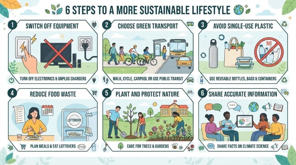 Infographic of six everyday actions students can take against climate change.