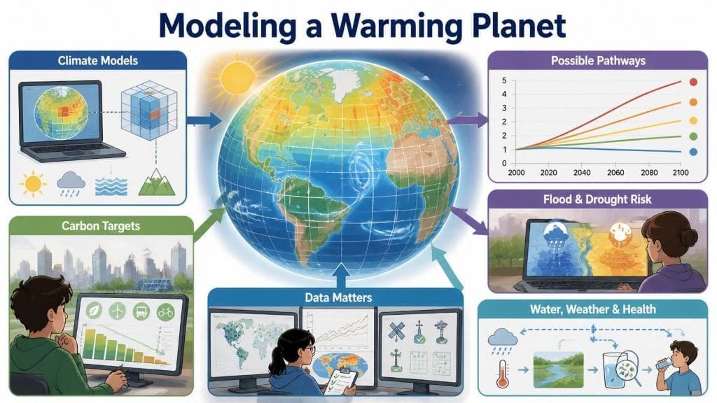 Teen-friendly infographic showing climate model grids, possible warming pathways, carbon targets, flood and drought risk, and links between weather and water-borne disease