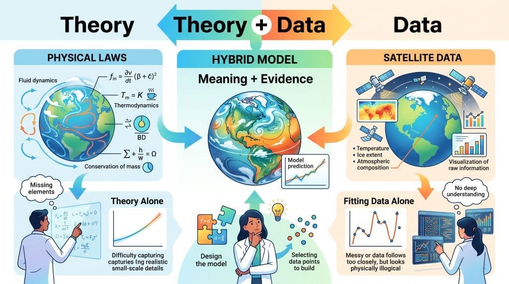 Infographic showing climate science combining physical laws and satellite data in a hybrid mathematical model
