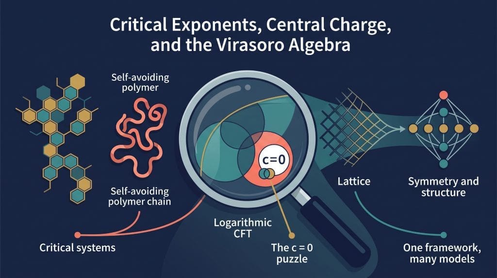 Infographic connecting percolation and polymer models to logarithmic CFT, the c = 0 puzzle, and the symmetry structure of the Virasoro algebra