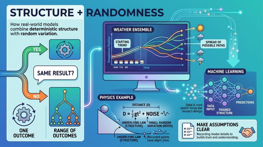 Infographic showing weather forecast paths combining a shared trend with random variation