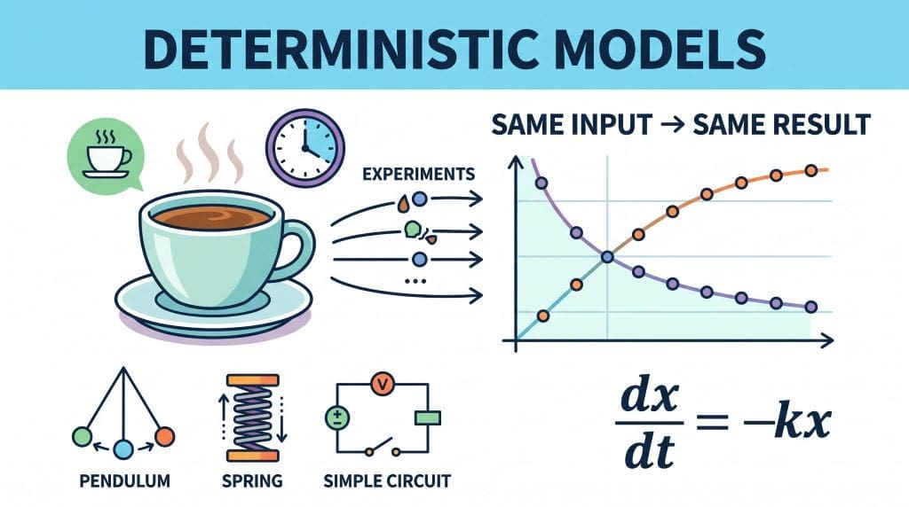 Infographic showing repeated coffee-cooling experiments producing the same curve in a deterministic model
