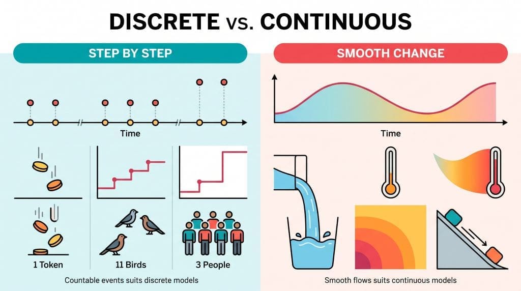 Infographic comparing a discrete step graph with a continuous smooth curve