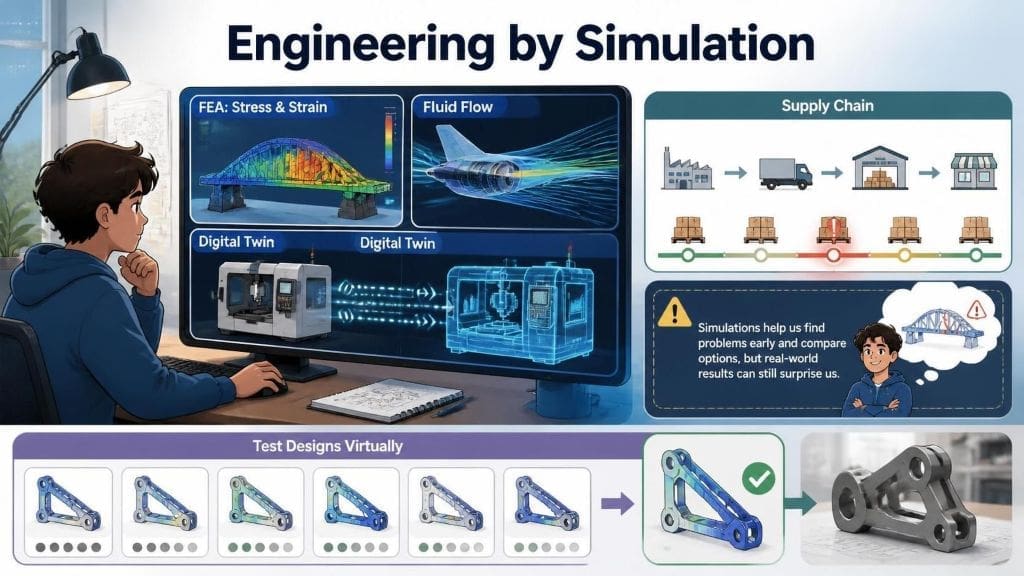Teen-friendly infographic showing finite element stress testing, airflow simulation, a factory digital twin, and supply-chain planning