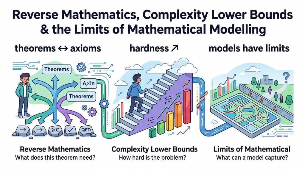 Teen-friendly infographic connecting reverse mathematics, computational complexity lower bounds, and the limits of mathematical modelling
