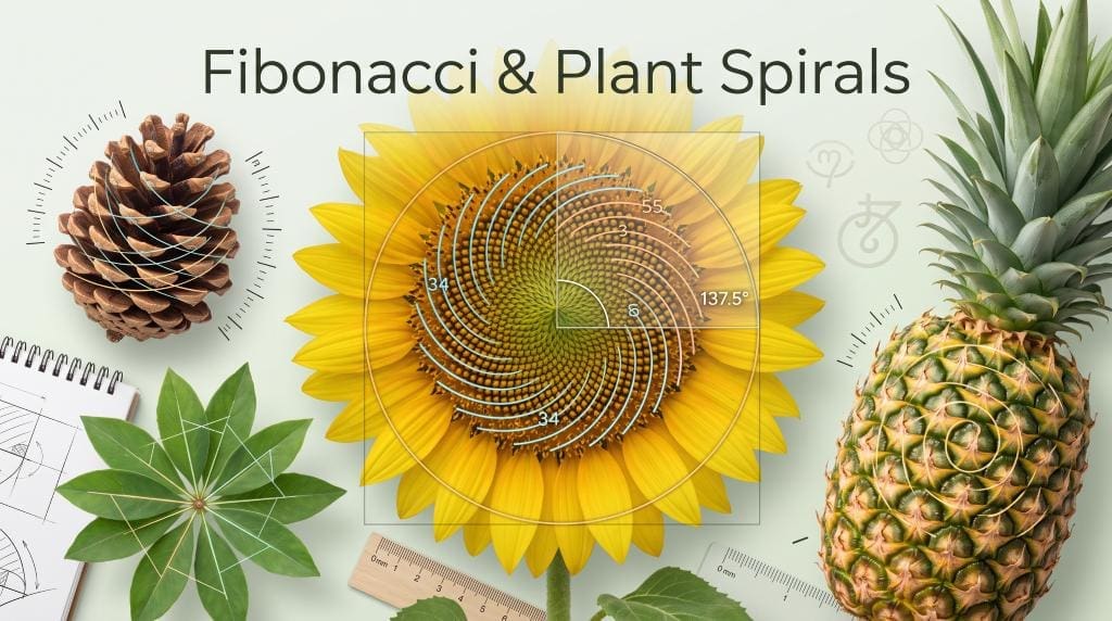 Sunflower, pinecone, and pineapple show Fibonacci-like spirals beside a plant stem illustrating leaf angles and phyllotaxis