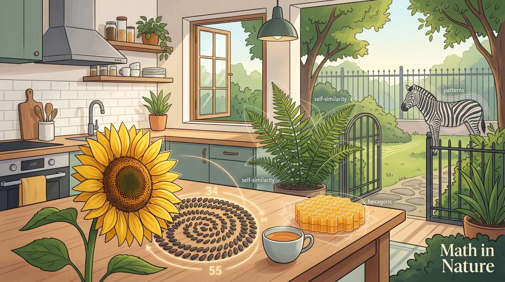 Teen-friendly illustration of mathematics in nature, featuring sunflower seed spirals, honeycomb hexagons, a fern&rsquo;s repeating fronds, and zebra stripes