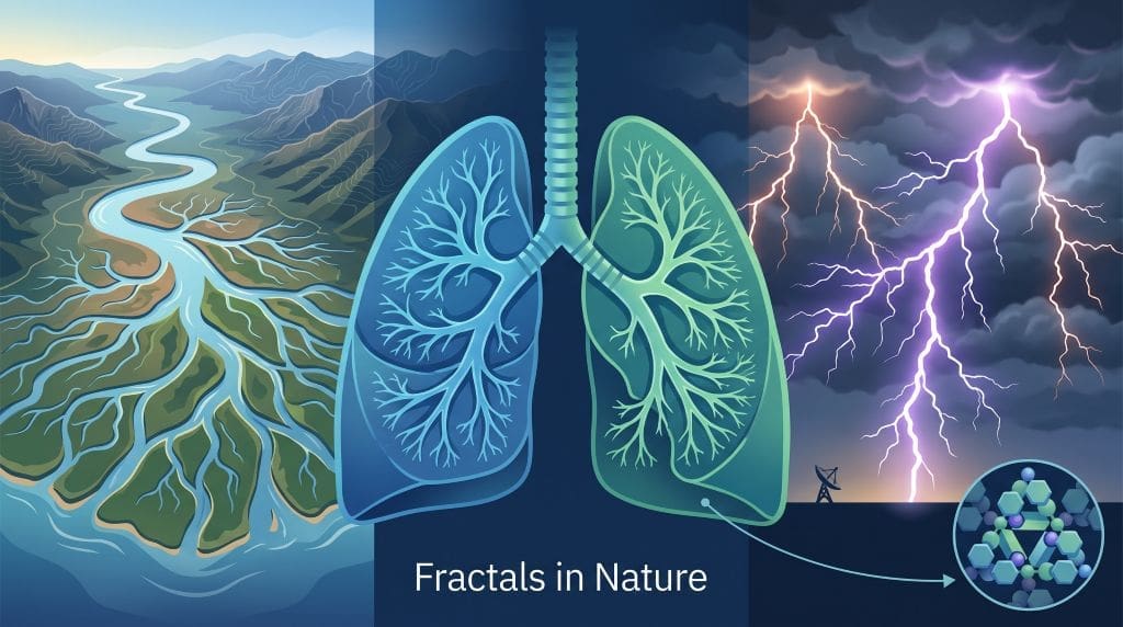 River channels, lung airways, and lightning branches illustrate fractal patterns repeating at different scales
