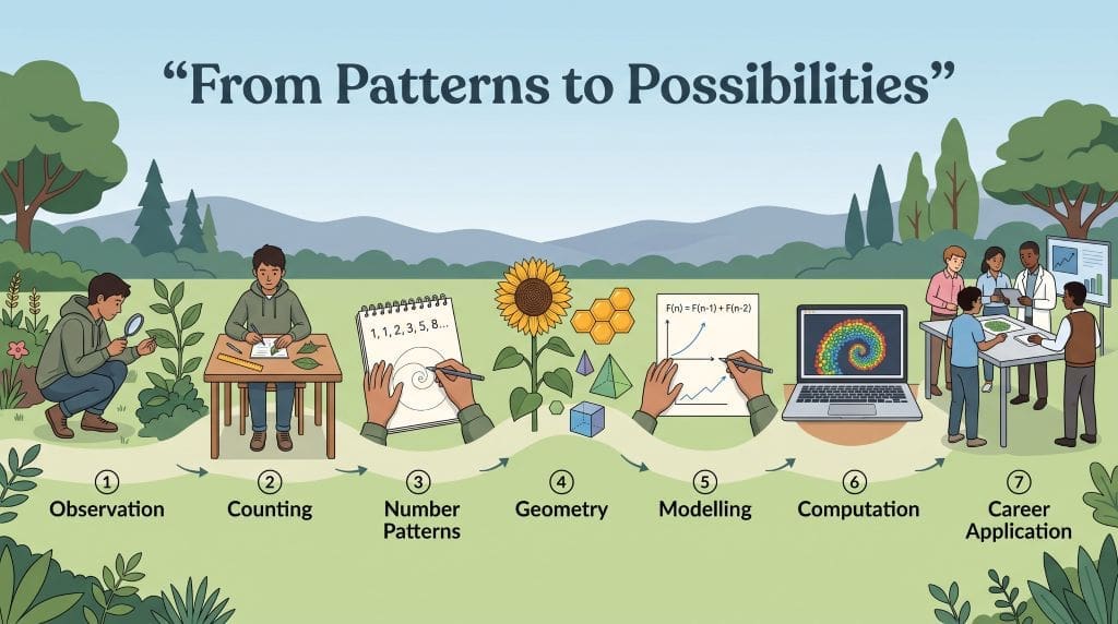 Seven illustrated stages show students progressing from observing nature to applying mathematics in science careers