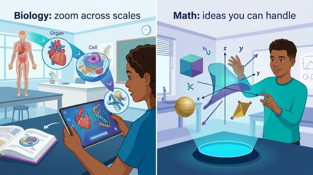 Infographic showing immersive tools helping students explore biology from whole organisms to proteins and interact with abstract mathematical objects.