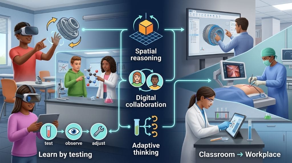 Infographic showing immersive STEM activities building spatial reasoning, digital collaboration, and adaptive thinking for future careers.