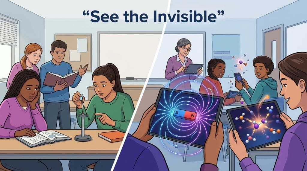 Students use tablets to visualize magnetic fields and chemical reactions through interactive 3D STEM simulations as part of AR STEM Classroom Applications.