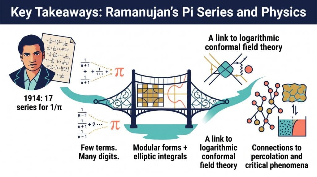 Infographic summarizing Ramanujan’s 17 series for 1/π, their fast convergence, modular forms and elliptic integrals, and their researched connection to logarithmic conformal field theories, percolation, and critical phenomena