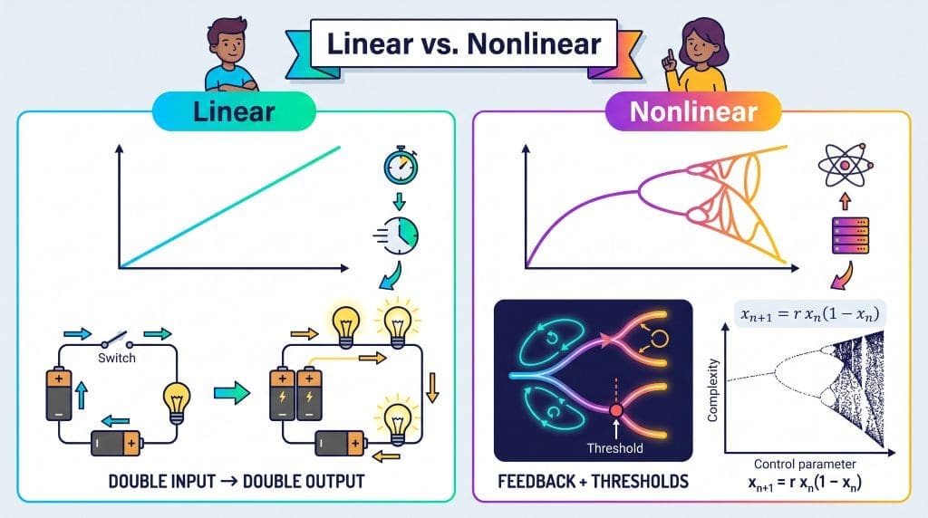 Infographic comparing a predictable linear graph with complex nonlinear behavior and a logistic map