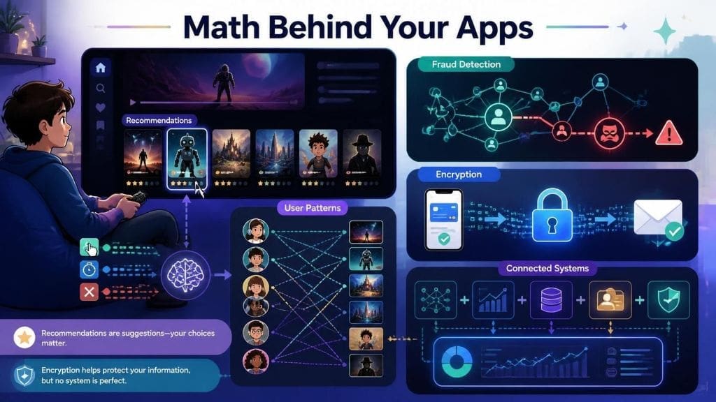 Teen-friendly infographic showing recommendation systems, user patterns, fraud detection, encryption, and connected technology systems