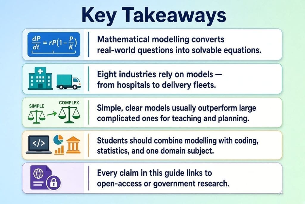 educational infographic listing five key takeaways on mathematical modelling for teens, covering real-world equations, eight industries, simple vs complex models, student skill combination, and open-access research links