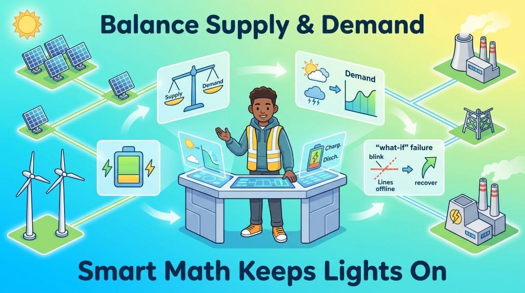 Teen-friendly illustration of mathematical modeling in power systems showing supply-demand balance, renewable energy, storage, and contingency planning on a smart grid