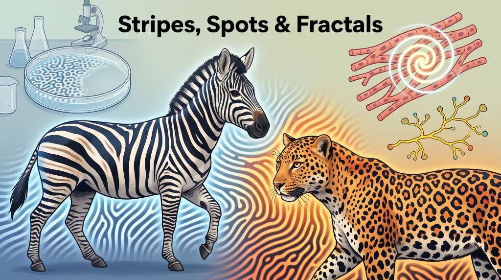 Zebra stripes and leopard spots blend into reaction-diffusion patterns, with a spiral wave and branching slime-mould network