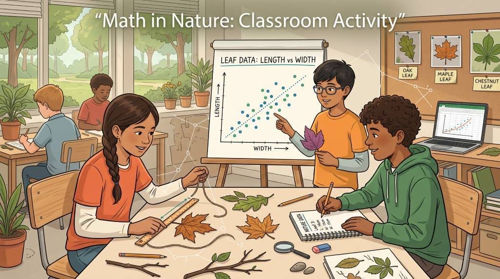 Students measure fallen leaves, record their dimensions, and plot the results during a mathematics-in-nature classroom activity