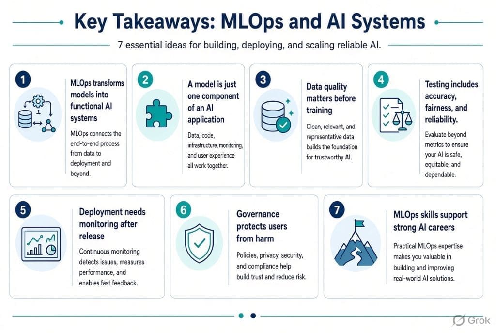 Educational infographic titled Key Takeaways: MLOps and AI Systems displaying seven numbered points with icons: MLOps transforms models into functional systems, a model is only one component, data quality matters before training, testing covers accuracy fairness and reliability, deployment requires monitoring, governance protects users, and MLOps skills support AI careers.