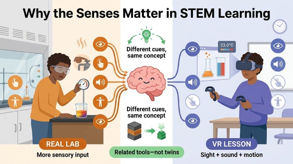 Infographic comparing the sensory experiences of a real chemistry lab and a VR lesson, including sight, sound, touch, smell, motion, and mental workload.