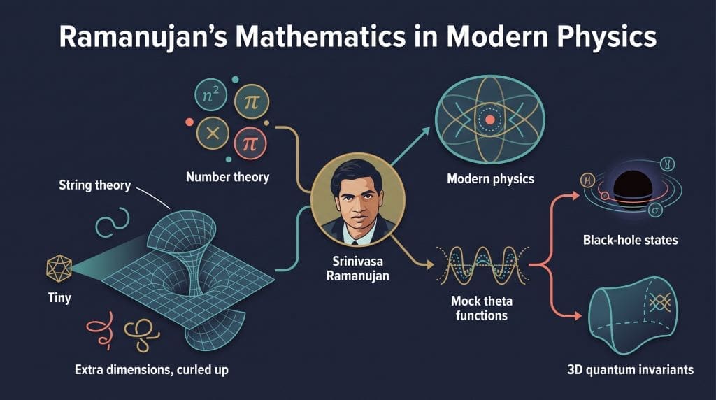Infographic showing Ramanujan’s mock theta functions connected to black-hole state counting and three-dimensional quantum invariants, alongside a separate illustration of compactified extra dimensions in string theory