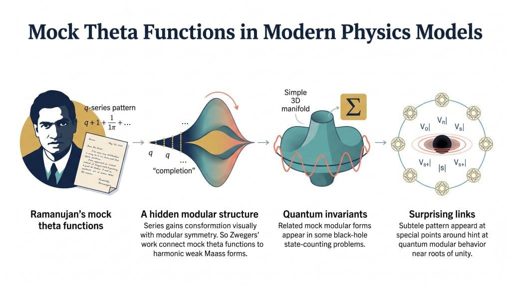 Infographic tracing Ramanujan’s mock theta functions to their modern modular-form interpretation, quantum invariants of three-manifolds, and connections to black-hole state counting