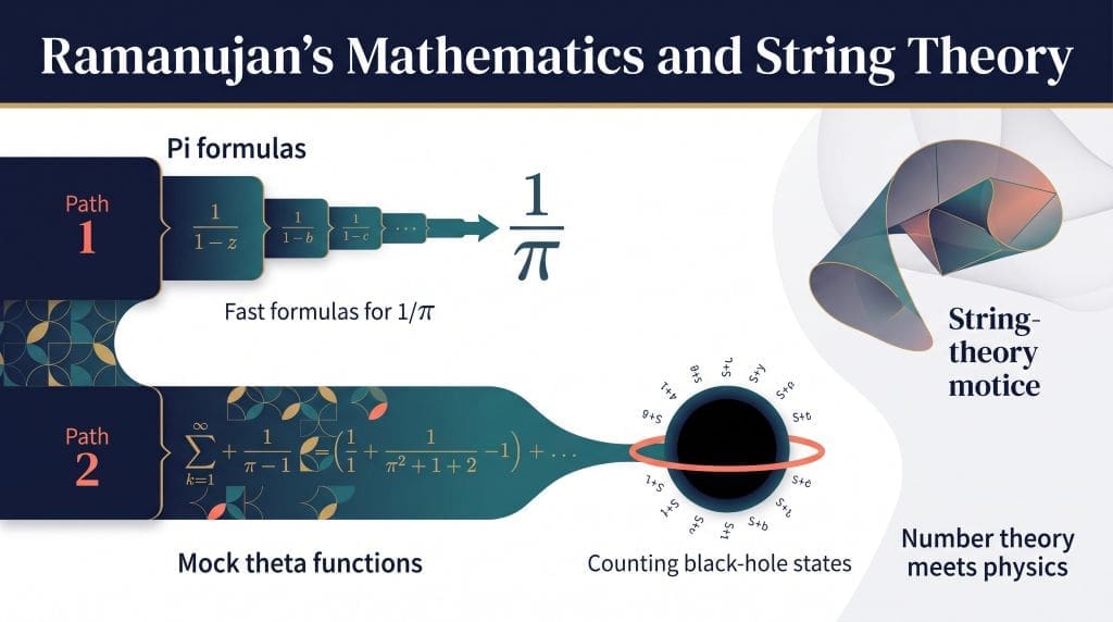Infographic distinguishing Ramanujan’s fast formulas for 1/pi from mock theta functions, which connect through mock modular forms to counting certain black-hole states in string theory