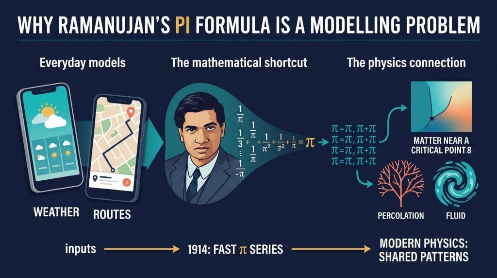 Teen-friendly infographic linking Ramanujan’s 1914 fast-converging pi series to shared mathematical patterns in modern physics, including critical phenomena and percolation