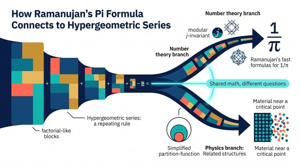 Infographic showing how Ramanujan’s hypergeometric series for 1/pi relate to modular patterns in number theory and shared mathematical structures in physics