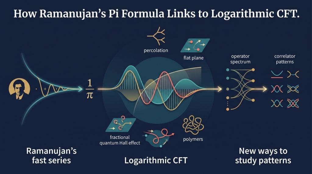Infographic linking Ramanujan’s fast series for 1/pi with logarithmic conformal field theory, its operator data, and examples such as percolation and the fractional quantum Hall effect