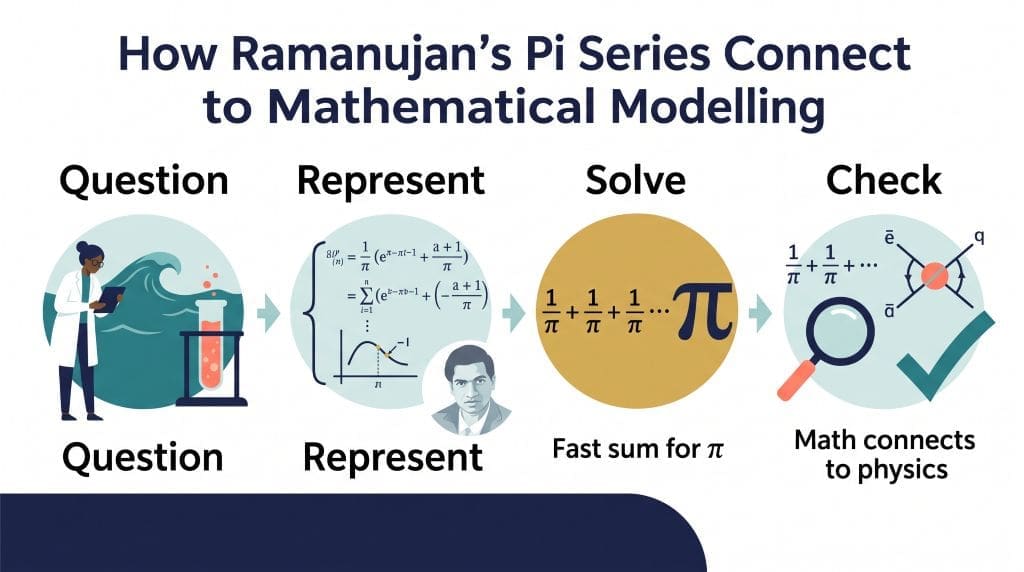 Infographic showing the modelling process and how Ramanujan’s fast-converging series calculate pi, with mathematical patterns connecting to physics
