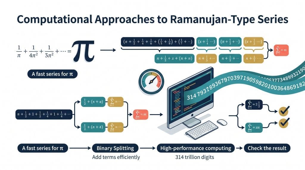 Infographic showing a fast series for pi, binary splitting to combine terms efficiently, a 314-trillion-digit computation, and independent verification