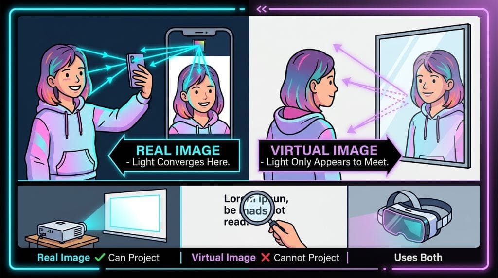 Infographic explaining real images vs virtual images: smartphone camera creating real images with converging light rays versus mirror creating virtual images with reflected light; includes AR/VR applications and projector examples