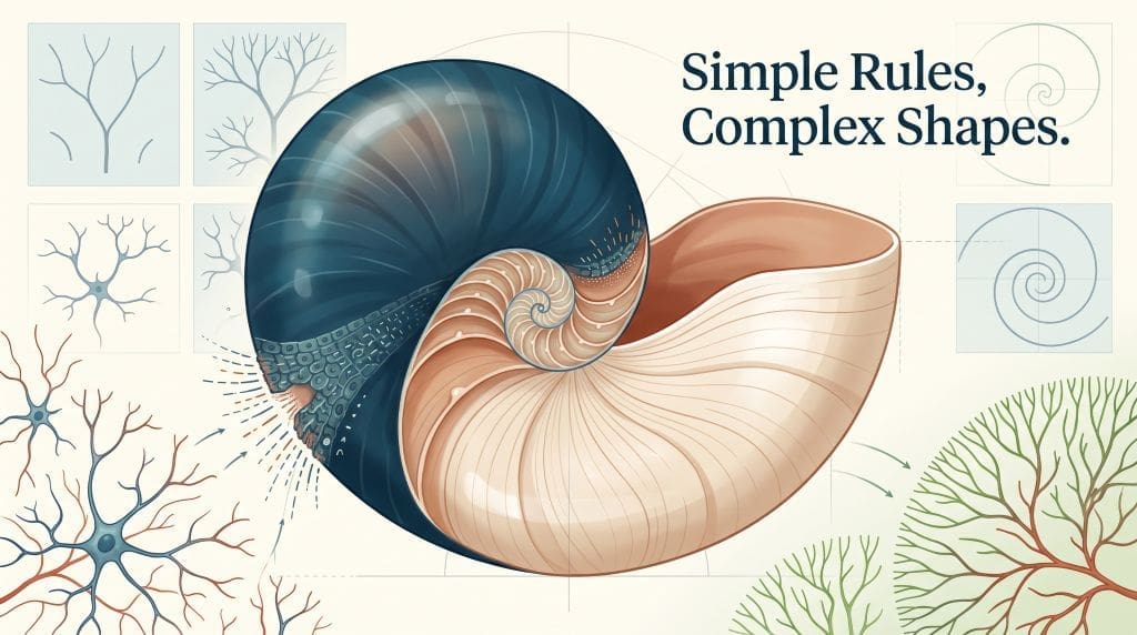 A growing seashell&rsquo;s expanding spiral is shown alongside branching nerve cells and blood vessels formed by local growth signals