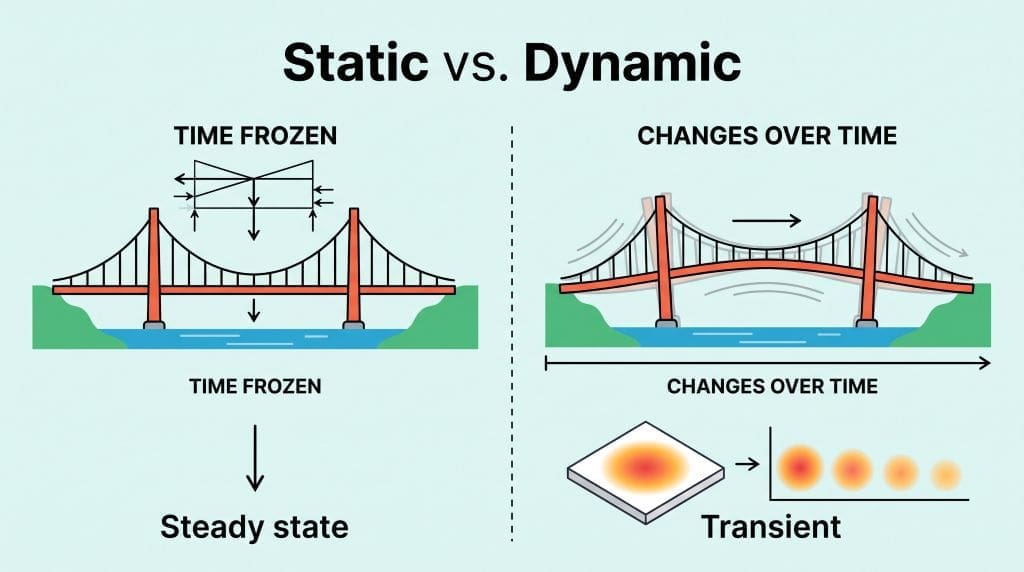 Infographic comparing a static bridge model with a dynamic model showing bridge motion and heat spreading over time