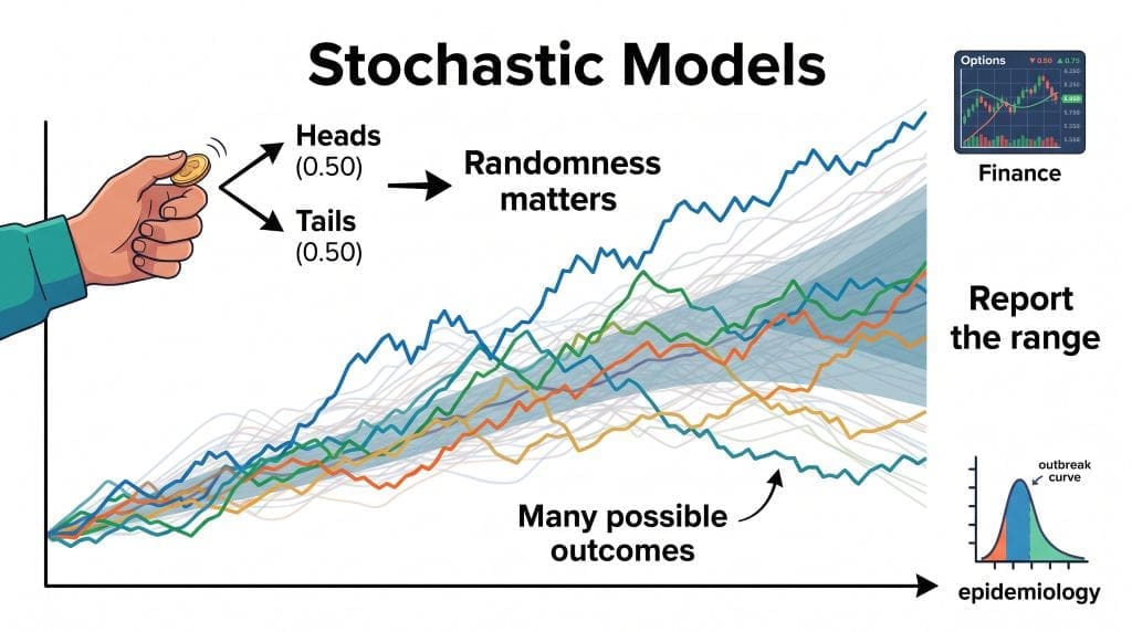 Infographic showing coin-toss probabilities and multiple possible outcomes in a stochastic model